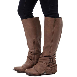 Women buckle strap hollow chunky heel side zipper knee high boots