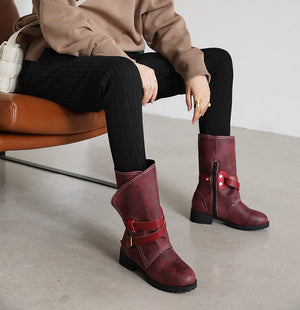 Women buckle strap medium chunky heel mid calf boots