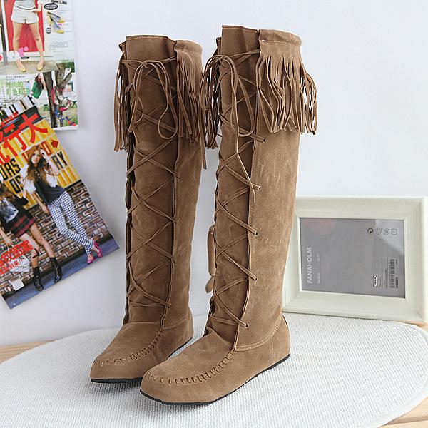 Women winter fringe criss cross lace up knee high boots