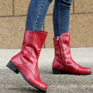 Women chunky heel side zipper stitching mid calf boots