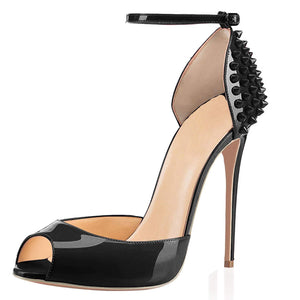Women peep toe buckle ankle strap studded stiletto high heels