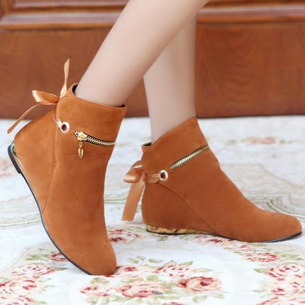 Women fashion lace bowknot front zipper short flat boots