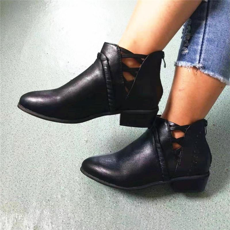 Women short criss cross hollow chunky heeled booties