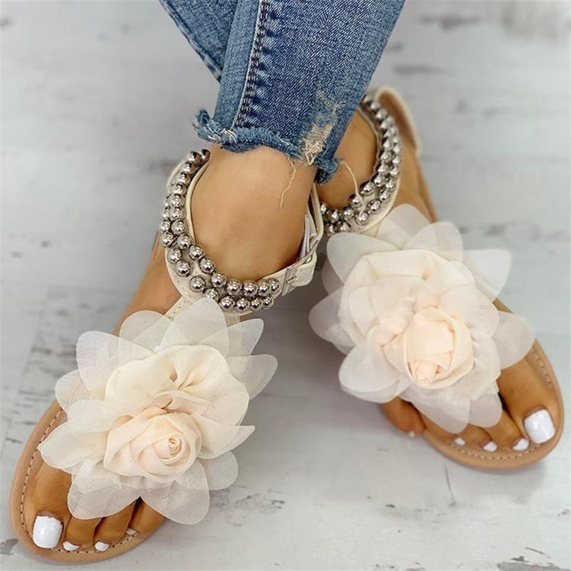 Women bohemian flower beaded cute beach flat sandals