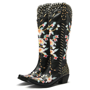 Women cowgirl boots | Flower embroidery stitching chunky heel boots | Studded knee high boots