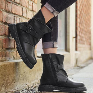 Women retro buckle strap short chunky platform boots