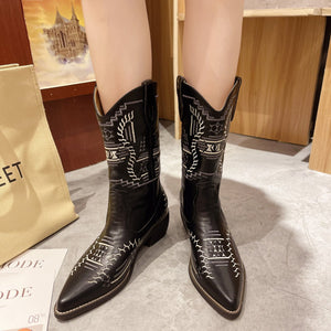 Women chunky heel embroidered mid calf fall boots