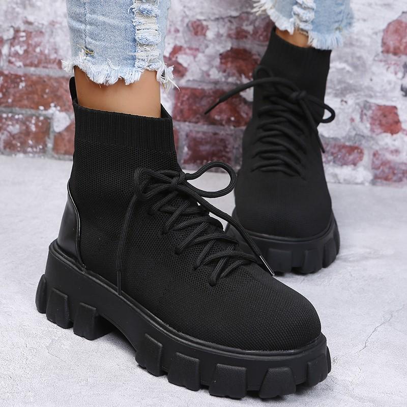 Women chunky platform fashion knit short lace up boots