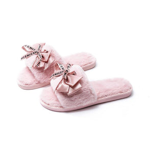 Women's furry warm home slippers with cute bowknots winter house shoes