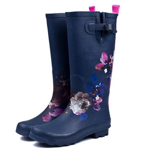 Women's knee high natural rubber rain boots floral print waterproof boots anti-slip