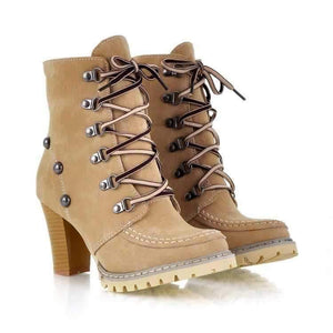 Women studded lace up chunky high heel boots