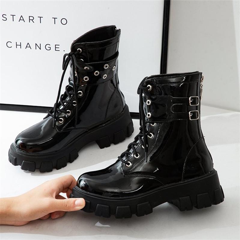 Women black lace up buckle strap back zipper chunky platform boots