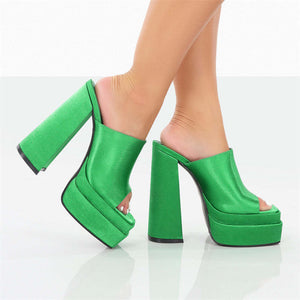 Women suqare peep toe chunky high slide platform heels