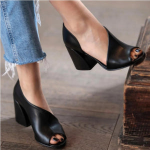 Women solid color peep toe side hollow chunky heels
