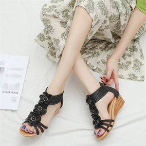 Women flowers peep toe side hollow back zipper wedge sandals