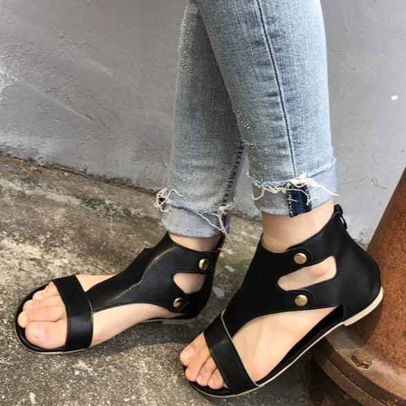 Women solid color open toe hollow breathable flat gladiator sandals