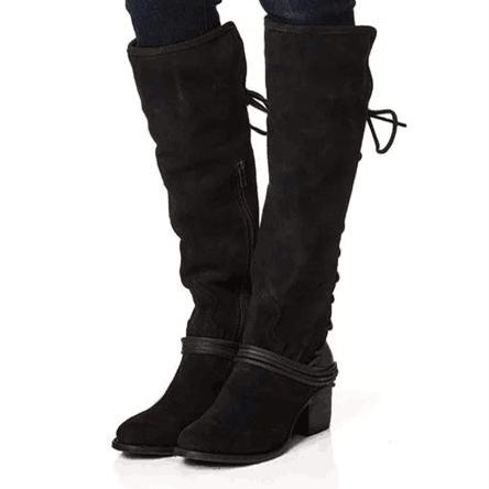 Women chunky heel back lace up knee high boots