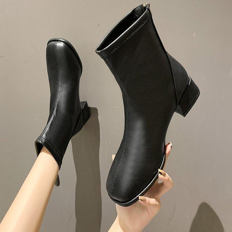 Women chunky heel back zipper short square toed boots