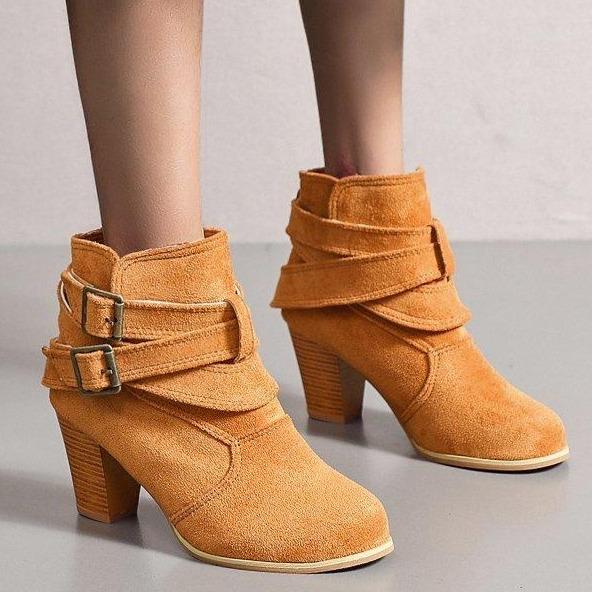 Women buckle straps back zipper chunky heeled boots