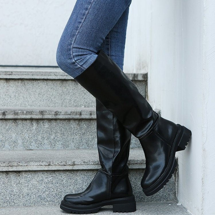 Women fashion chunky platform round toe slip on knee high boots