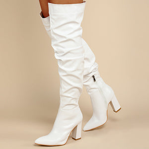 Women fashion solid color side zipper chunky high heel pointed toe over the knee boots