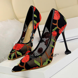 Women embroidered flowers pointed toe stiletto high heels