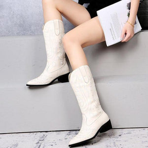 Women fashion embroidered chunky heel pointed toe mid calf boots