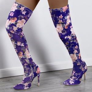 Women thigh high boots ethnic flower printed sitletto high heel long boots