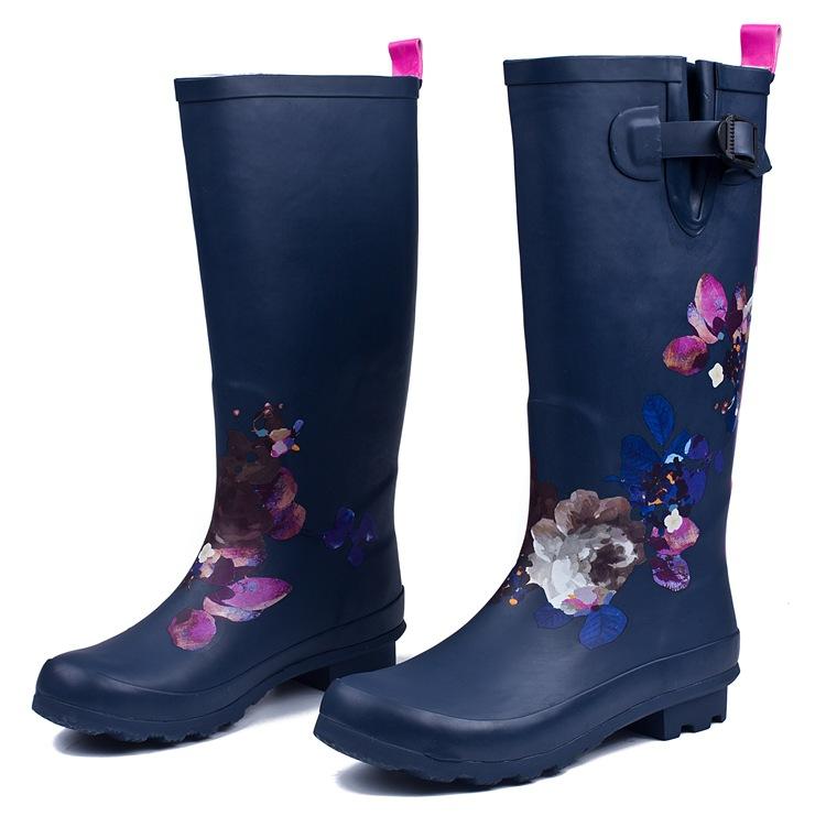 Women's knee high natural rubber rain boots floral print waterproof boots anti-slip