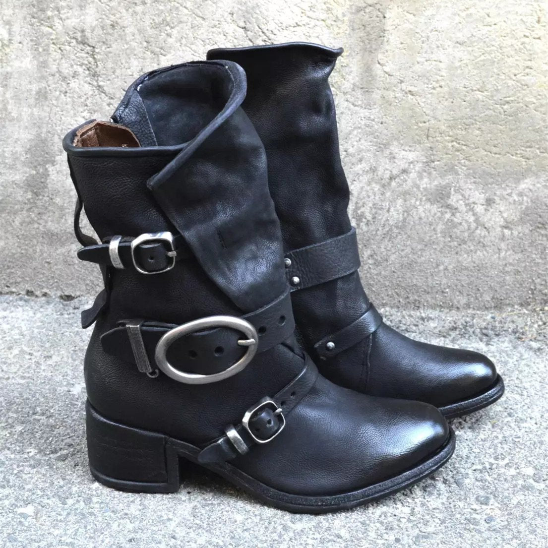 Women motorcycle chunky heel buckle strap mid calf boots