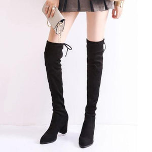 Women comfortable keep warm chunky heel back lace up over the knee boots