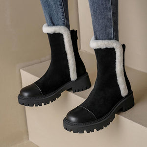 Women chunky heel platform faux fur short winter boots