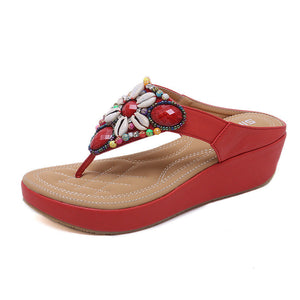 Women beaded holiday travel slide thick sole flip flop sandals