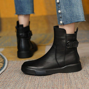 Women ankle retro buckle strap thick sole flat boots