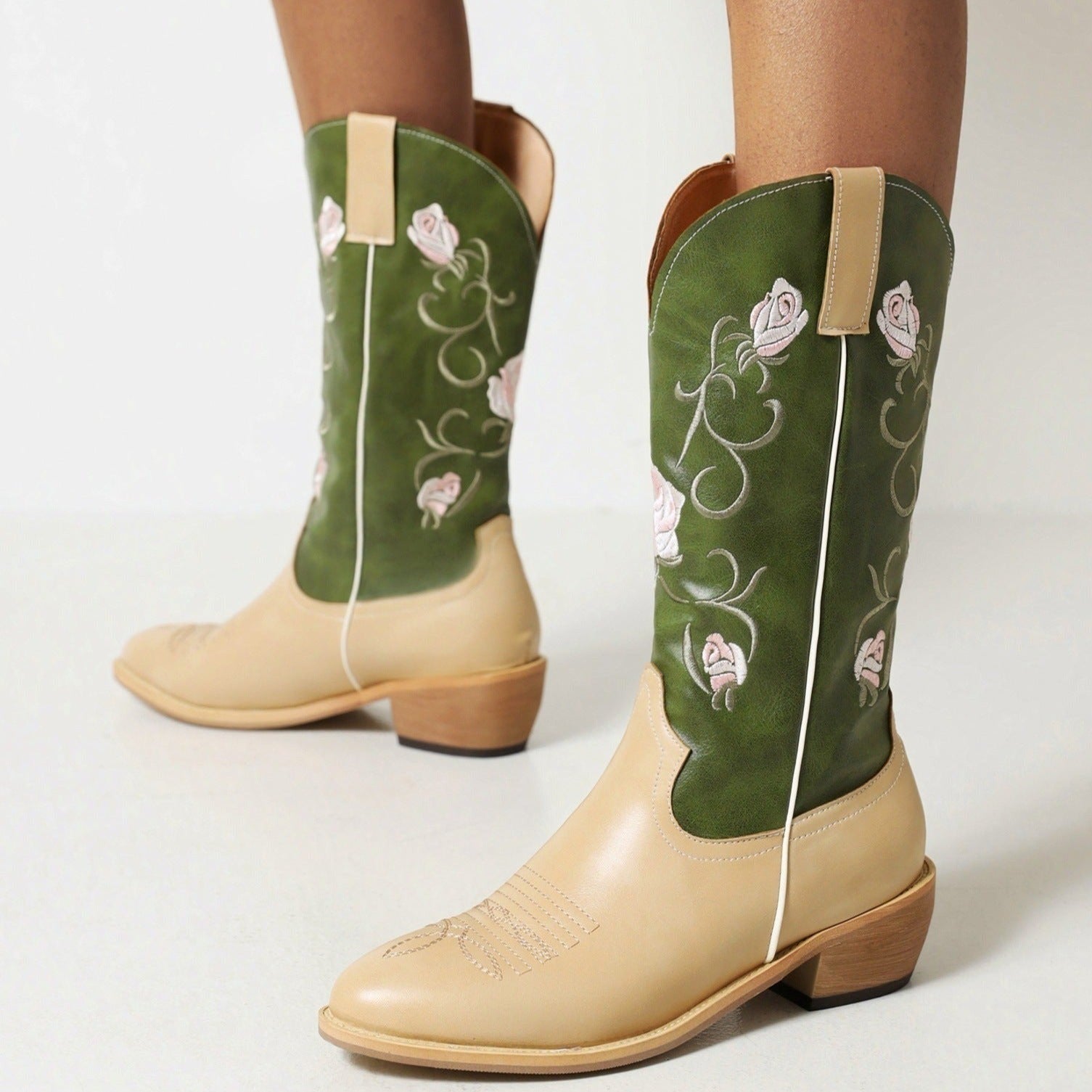 Women fall chunky heel embroidered flower mid calf boots