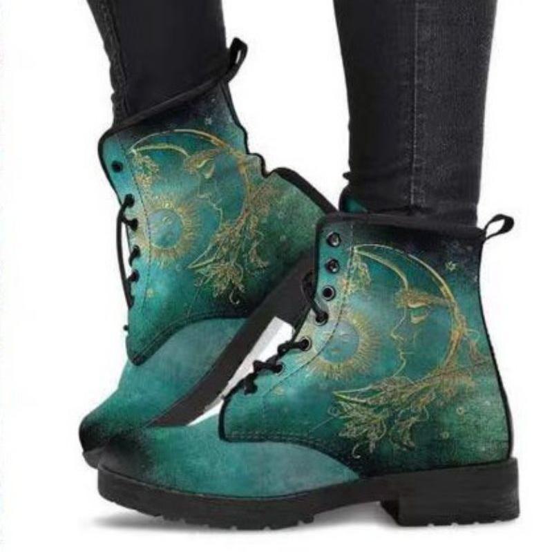 Women fashion printed high cut low heel short lace up boots