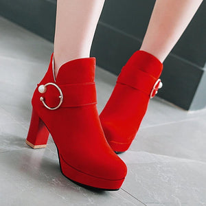 Women round toe buckle strap platform chunky high heeled booties