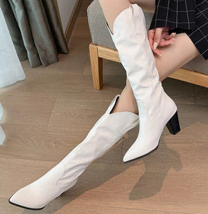 Women knee high boots pointed toe pull on fall boots