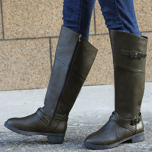 Women buckle strap side zipper chunky heel knee high boots