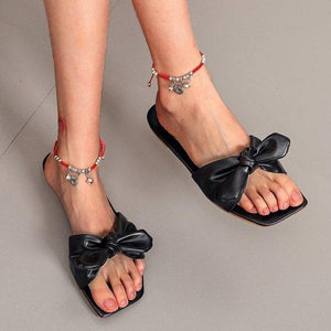 Women bowknot square peep toe summer flat slide sandals