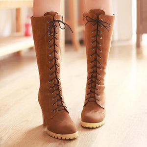 Women knee high chunky heel lace up boots