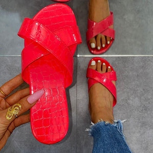 Women summe slides flat peep toe criss cross stap slippers
