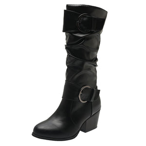 Women knee high boots vintage buckle strap slip on chunky heel boots round toe