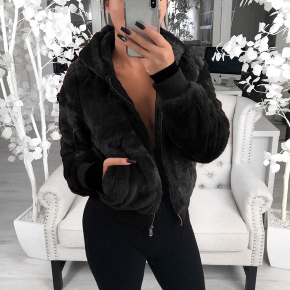 Women Hoodie Solid Faux Fur Coat With Pockets