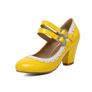 Women fashion round closed toe buckle strap chunky heels