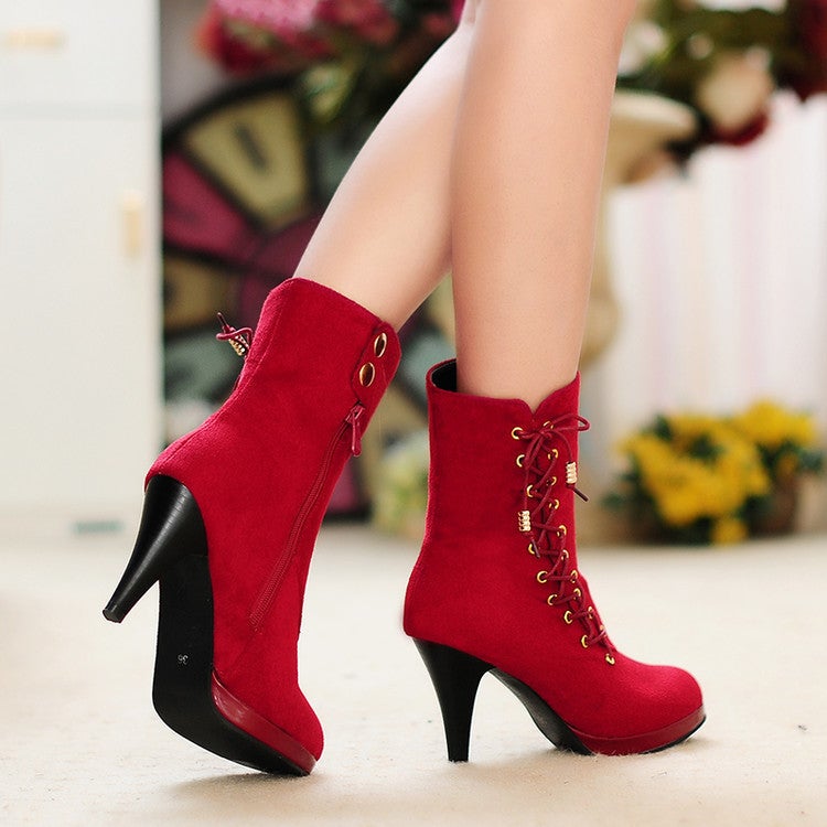 Women platform stiletto high heel side lace up zipper heeled booties