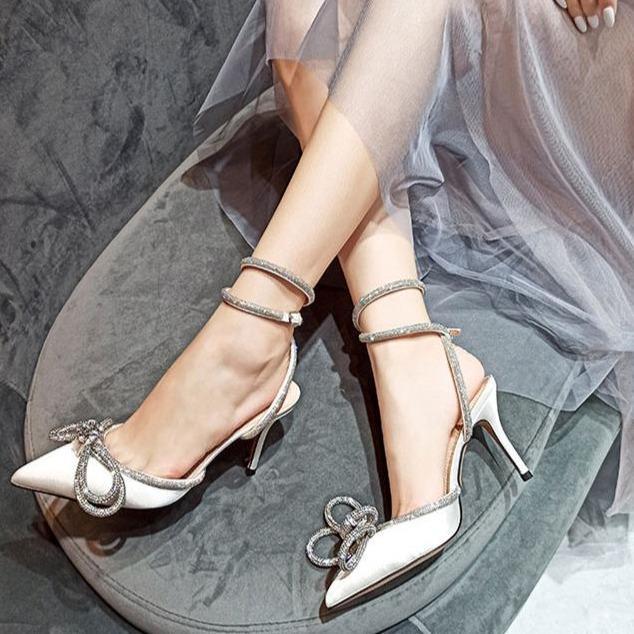 Women rhinestone bow pointed toe ankle strap stiletto heels