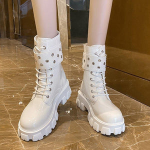 Women solid color short buckle strap lace up chunky platform boots