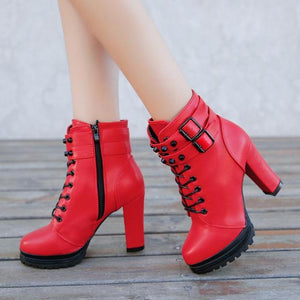 Women platform lace up buckle strap chunky heeled booties