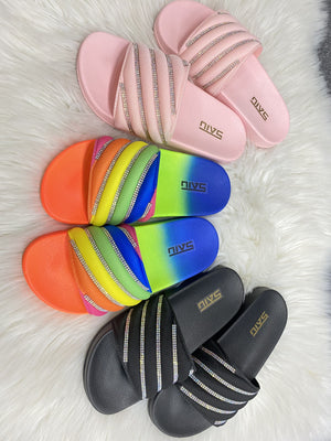 Women Rainbow Rhinestone Wide Slides Summer Slippers